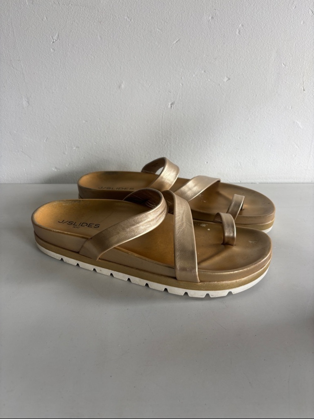 J/Slides Gold Metallic Triple-Strap Slide Sandals - Picture 3 of 7